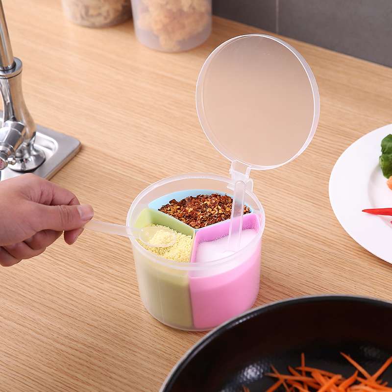 家用调味盒厨房用品调料盒三格圆形带盖调味罐多功能调料瓶收纳盒