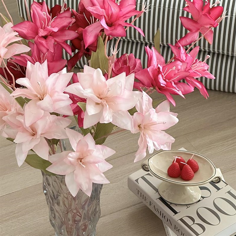 速发假花花百合花摆设花摆桌面客厅件室装饰瓶卧饰品永生干花花束