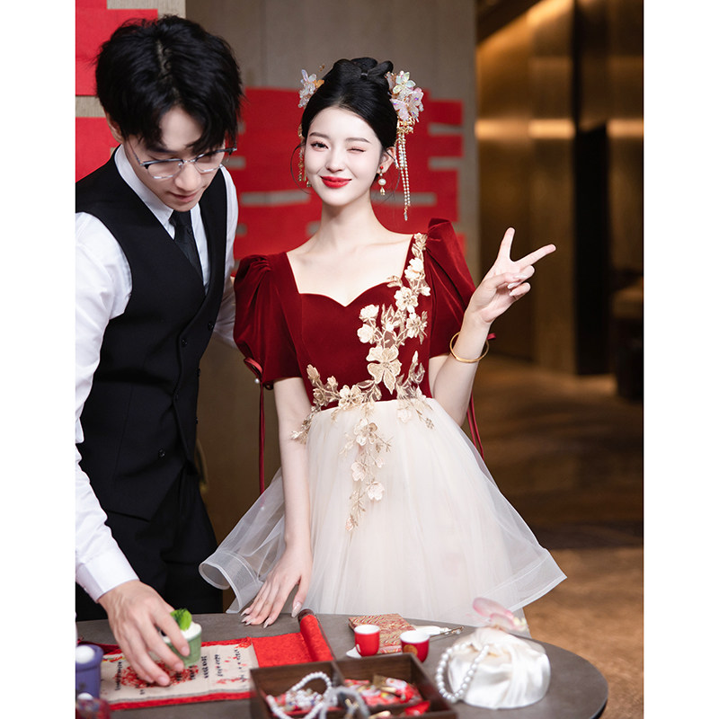速发孕妇敬酒服新娘大码订婚晚礼服裙婚结高腰遮肚子纱婚回门便装