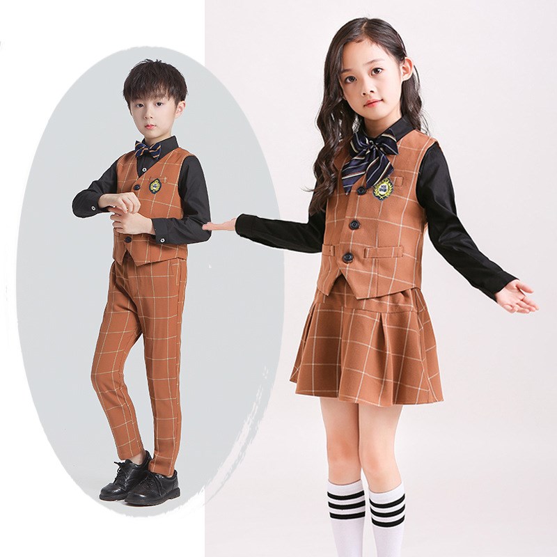 速发幼儿园服服春秋款学院风格子马甲学院风小装生校园春秋学班服