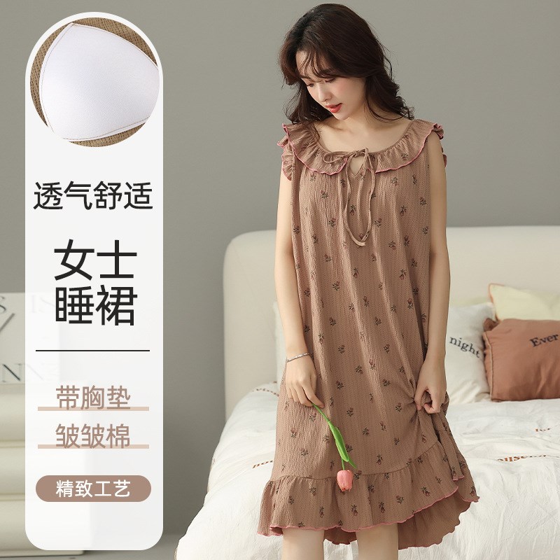 现货速发带胸垫睡裙夏季新中式居家服碎花系带连衣裙宽松大码衣睡