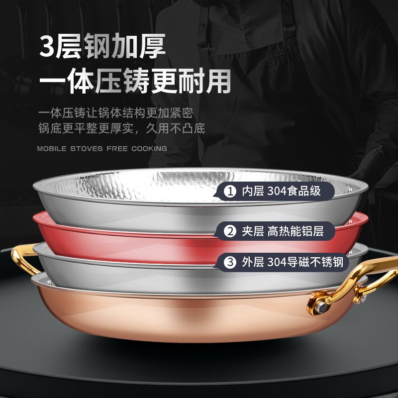 现货速发16西班牙海鲜饭锅双耳平底锅商用04不锈钢煎锅炸鸡摆盘烩