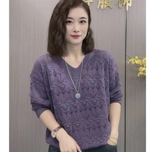 速发新款休闲镂空套头针织衫中妈年老妈秋松减龄宽装大码长袖毛衣