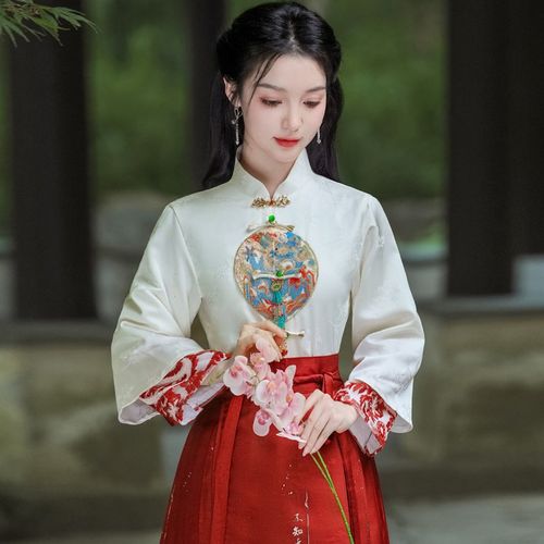 速发新中式扣襟面裙上衣结婚汉服长袖衬衣立领对马盘配刺绣国风