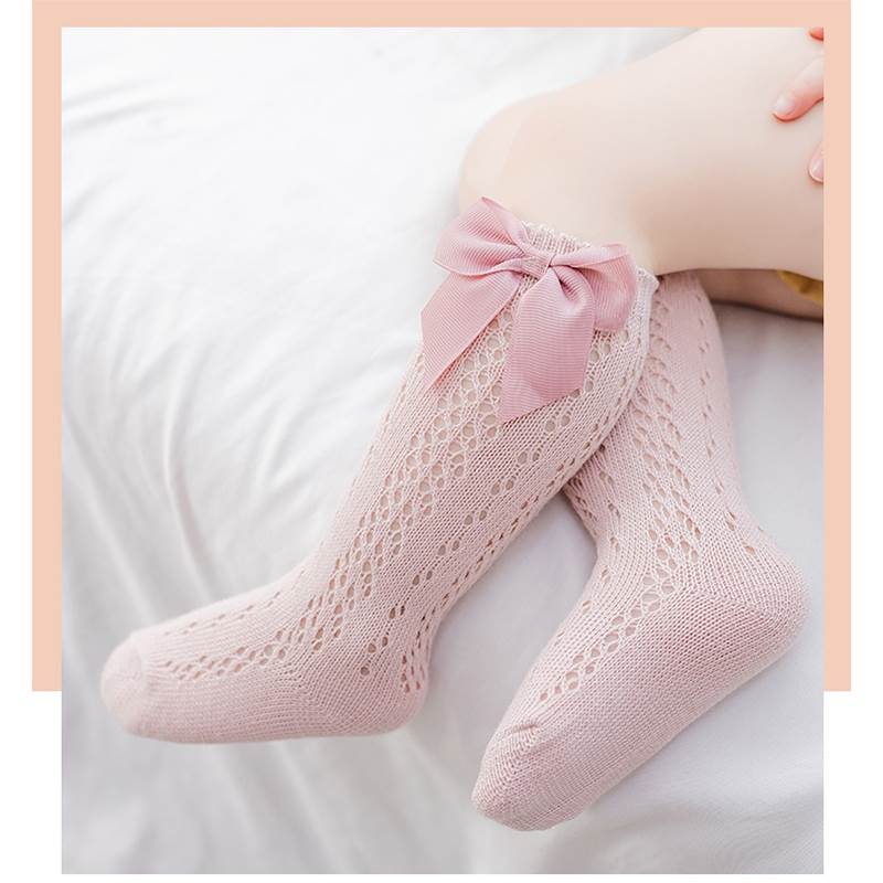 现货速发蝴蝶结公主中筒袜春秋薄款小腿袜新生儿婴儿无骨春夏半高