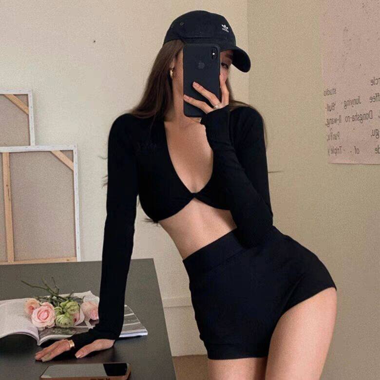 速发长袖尼V比基深小胸泳装胸版简约特种布二件套带韩垫分体