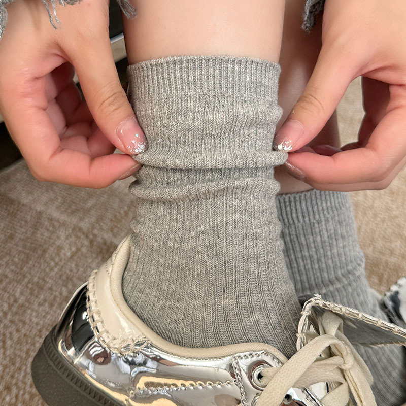 袜子女纯棉防脚气防臭款夏季灰色中筒袜春秋冬长袜堆堆袜配小皮鞋