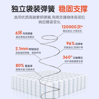 速发可拆洗A类母婴级儿童独立袋装弹簧床垫护腰护脊甲醛无超标