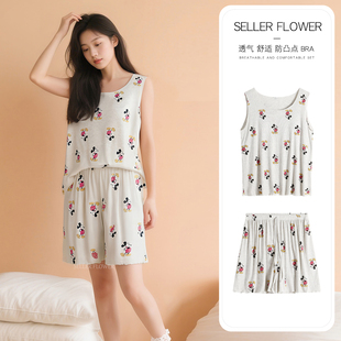 短裤 夏季 灰色无袖 卡通螺纹带胸垫两件套2025年新款 家居服 睡衣女款