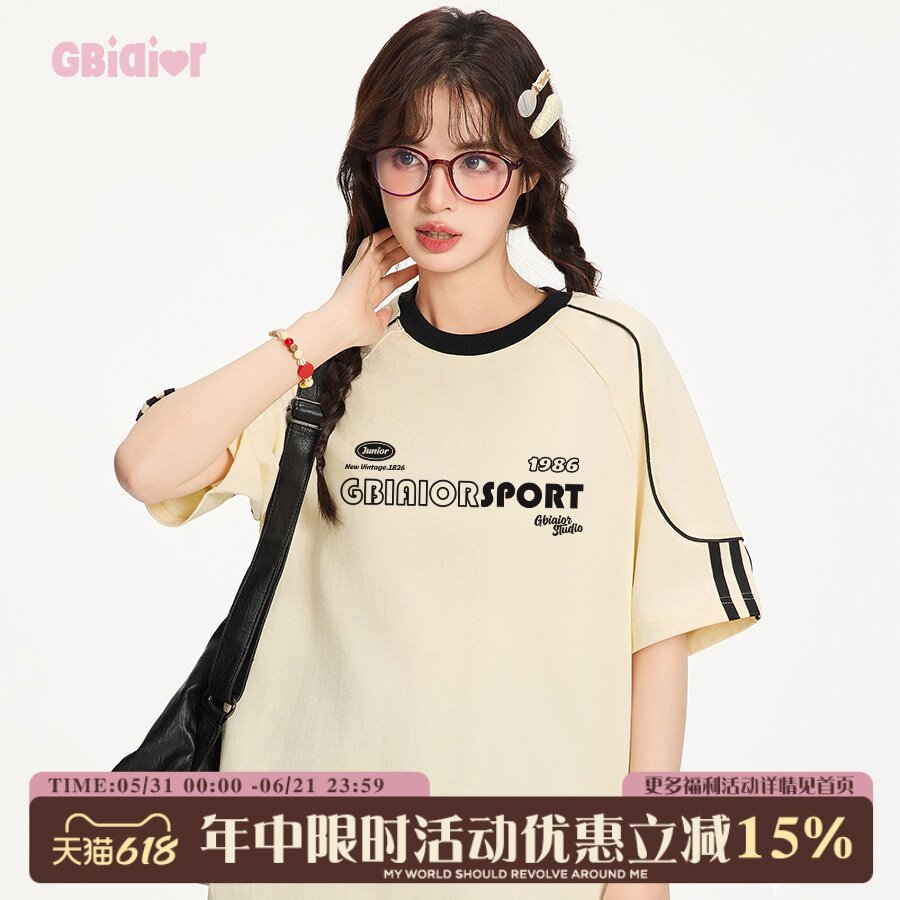 Gbiaior港风美式复古插肩纯棉短袖t恤女2026夏宽松重磅潮牌情侣衣