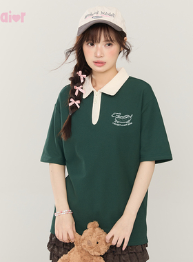 Gbiaior墨绿色翻领衫polo短袖t恤女微胖显瘦情侣宽松休闲圆领上衣