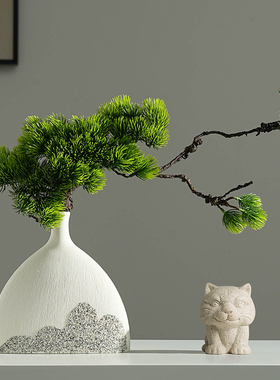 速发新中松禅意摆件陶虎花瓶客厅玄关博古架摆设国风迎客式小老瓷