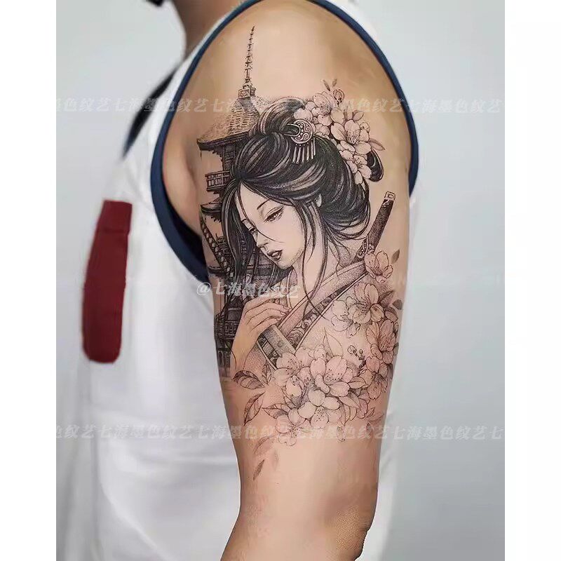 速发魅惑般若狐狸艺伎草本纹身贴防水手臂侧腰遮疤仿真刺青贴纸