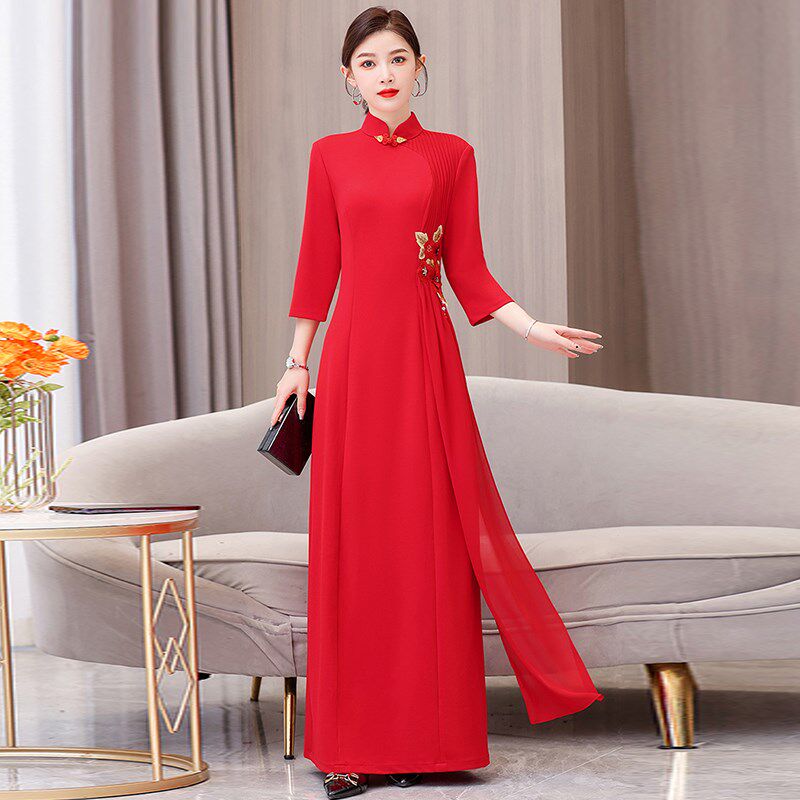 速发中国风装连衣裙大码红气子裙色质高级日常可穿司仪礼服长款旗