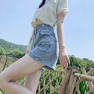 速发白色裤高腰牛仔短裤夏季遮肚子排扣美式辣妹休闲超子潮