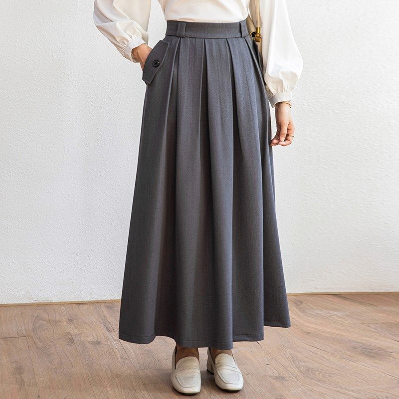 速发灰色高腰半身0秋冬2裙24新款大摆长裙百褶伞字裙高个子a裙
