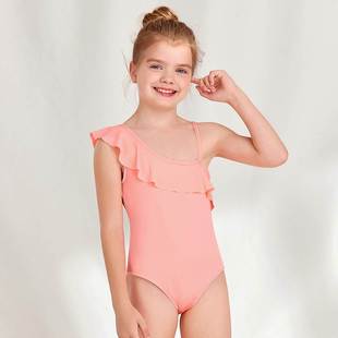 swimsuit 女Peplum 新款 儿童连身纯色泳衣女童吊带斜肩荷叶边泳装