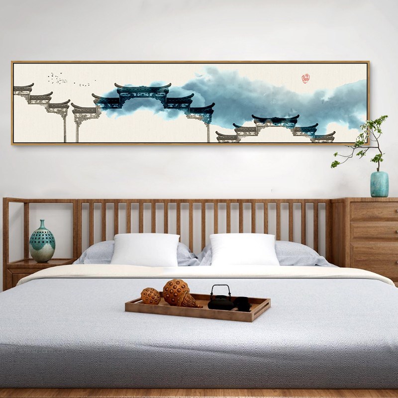 新中式卧室床头客厅装饰画沙发背景墙徽派建筑中国风禅意水墨挂画图片