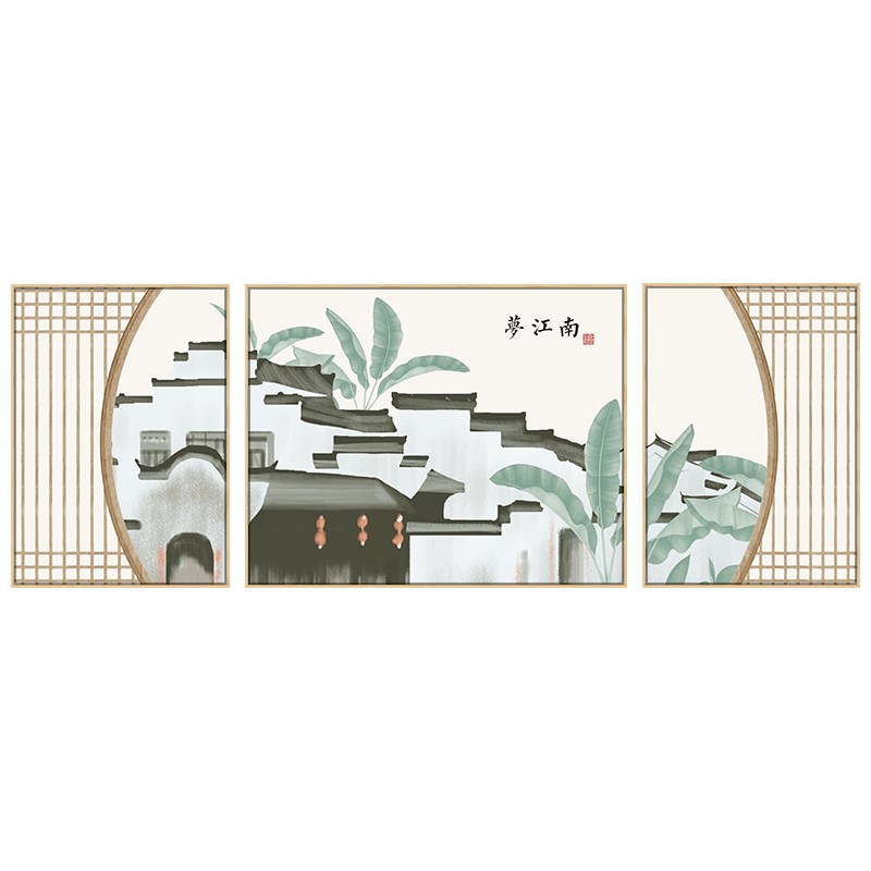 忆江南新中式客厅装饰画横版芭蕉挂画徽派建筑书房挂画茶室壁画图片