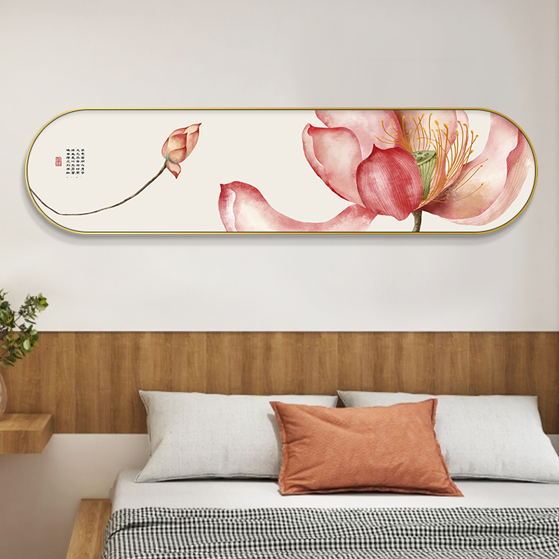 新中式荷花装饰画客厅卧室床头壁画跑道形横幅挂画禅意茶室好寓意图片
