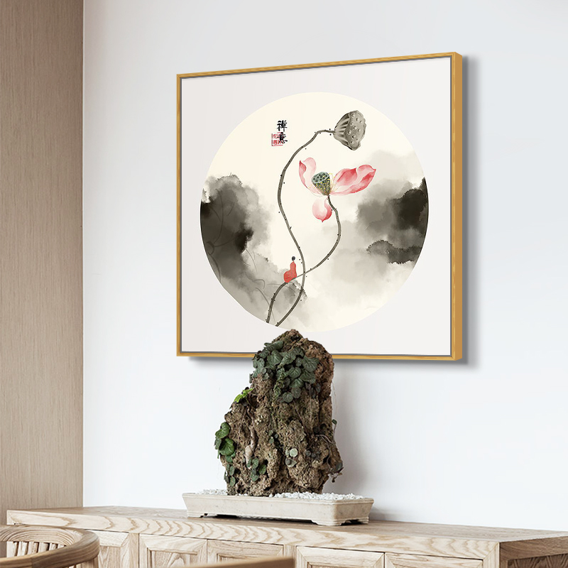 新中式玄关过道装饰画方形水墨荷花挂画客厅茶室书房禅意莲花壁画图片