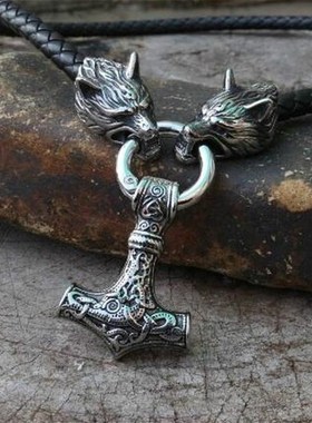 Nordic Viking Mjolnir Hammer Pendant Wolf Head Leather Rope