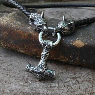 Hammer Pendant Wolf Nordic Leather Mjolnir Head Rope Viking
