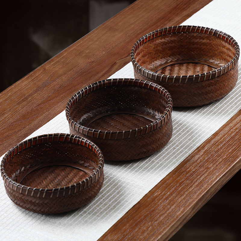 竹编果篮 圆形家用收纳筐 水果盘 客厅零食杂物篮 复古创意收纳篮