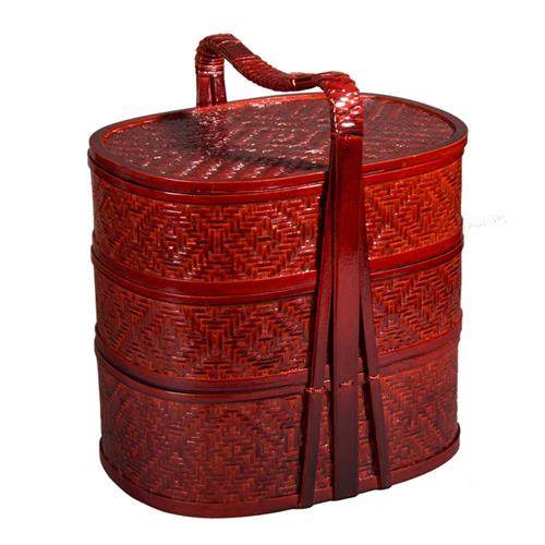 竹篮子酒店外卖送餐手提篮框竹编食盒婚庆拜拜家用野餐篮圆形三层