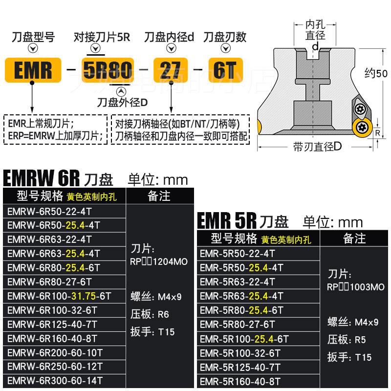 。EMRW圆鼻刀盘 RPMT1204 R5R6牛鼻刀面铣刀盘50 63 80 100 125 1