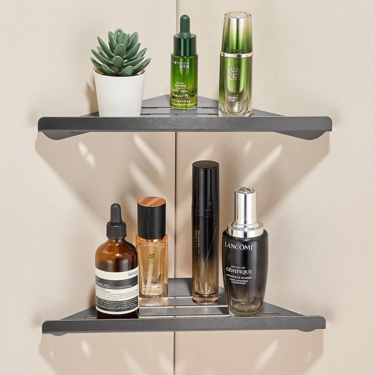 拉丝枪灰免打孔浴室角架304不锈钢卫生间置物架三角架转角壁挂式