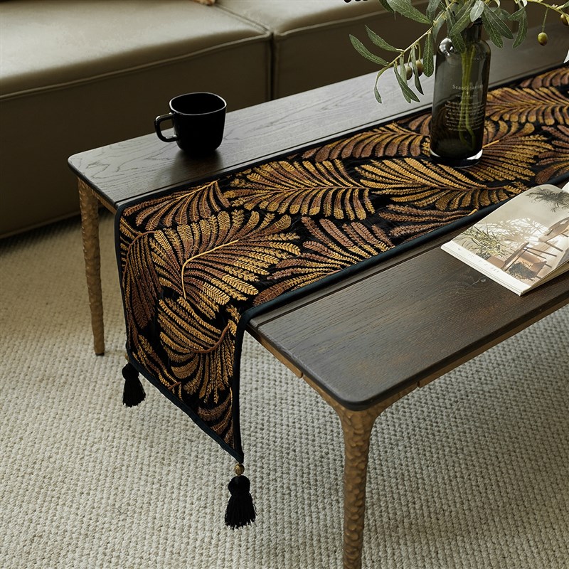 黑底奢金树叶h刺绣桌旗氛围感装饰茶桌垫布茶席餐桌装饰茶几布桌