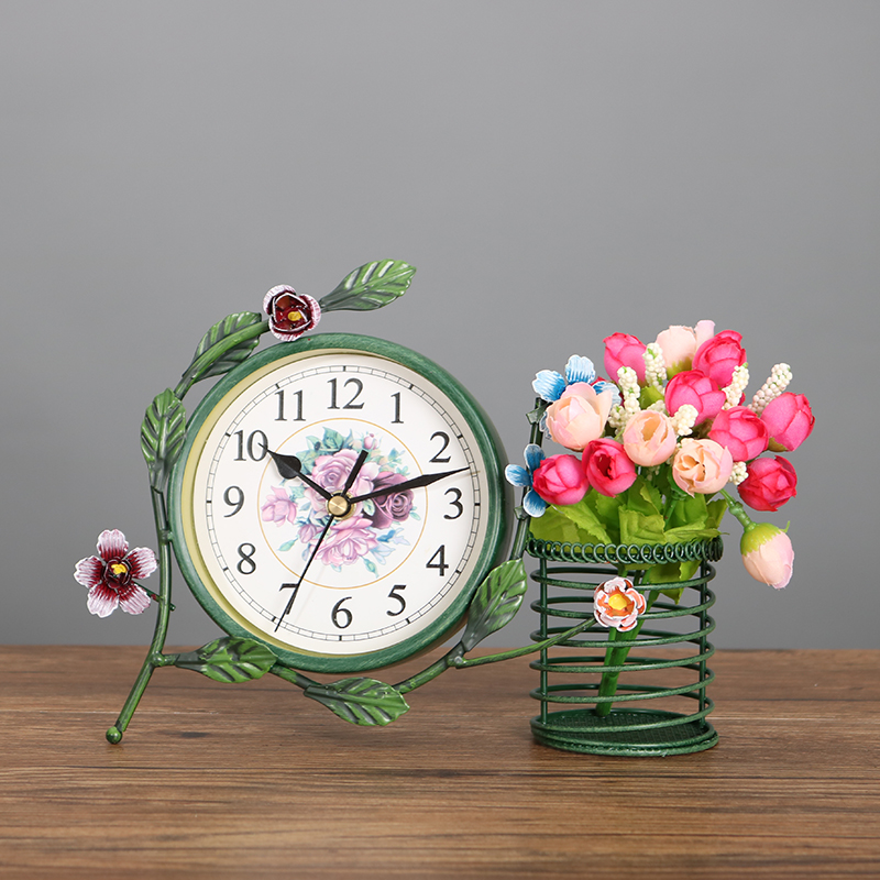 欧式静音台钟卧室客厅钟表摆件田园铁艺小钟台式T钟座钟时钟 包邮