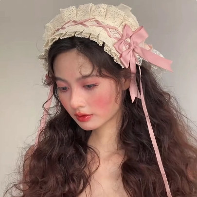 日系软妹Lo娘洛丽塔蕾丝头饰甜美百搭kc粉色蝴蝶结发带女仆日常