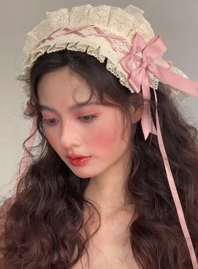 日系软妹Lo娘洛丽塔蕾丝头饰甜美百搭kc粉色蝴蝶结发带女仆日常