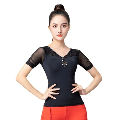 摩登练功服国标舞巨划算原装上装舞女舞蹈服装新款拉丁舞上衣短袖