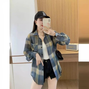 出游慵懶風遮陽開衫 撒銀美式 女夏季 格子襯衫 防曬外搭上衣 復古長袖