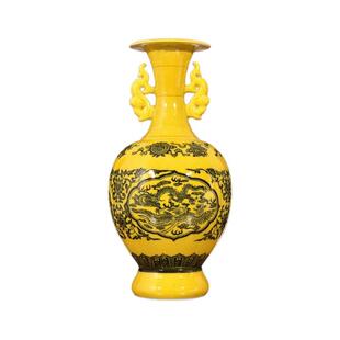 景德镇陶瓷仿古双耳黄色陶瓷花瓶古典家居陶瓷工艺品摆件