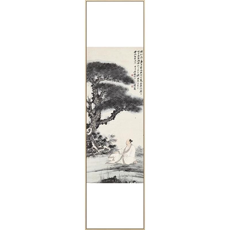 新中式茶室客厅三联装饰画迎客松挂画竖版入户玄关水墨山水墙壁画