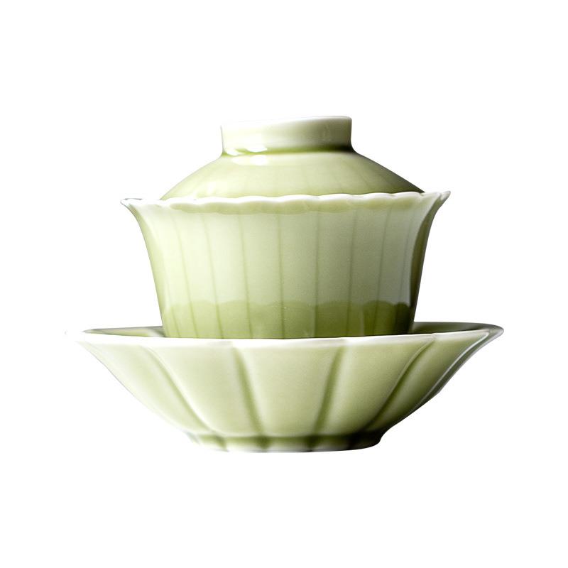 中式花瓣青瓷盖碗陶瓷防烫泡茶器单个家用茶碗手抓碗复古功夫茶具