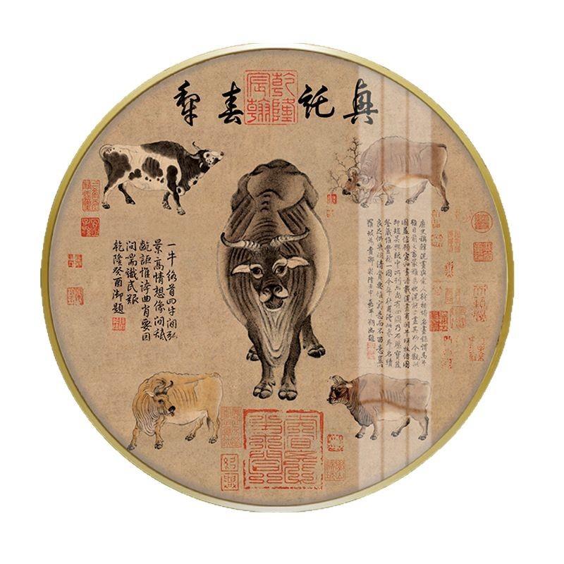 五牛图客厅国画圆形电表箱装饰画生肖牛现代金属木框餐厅