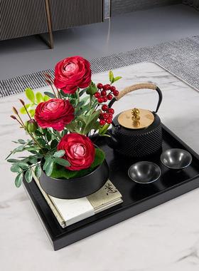 新中式茶道铁壶花艺托盘组合摆件样板间售楼处茶几书房茶桌装饰品