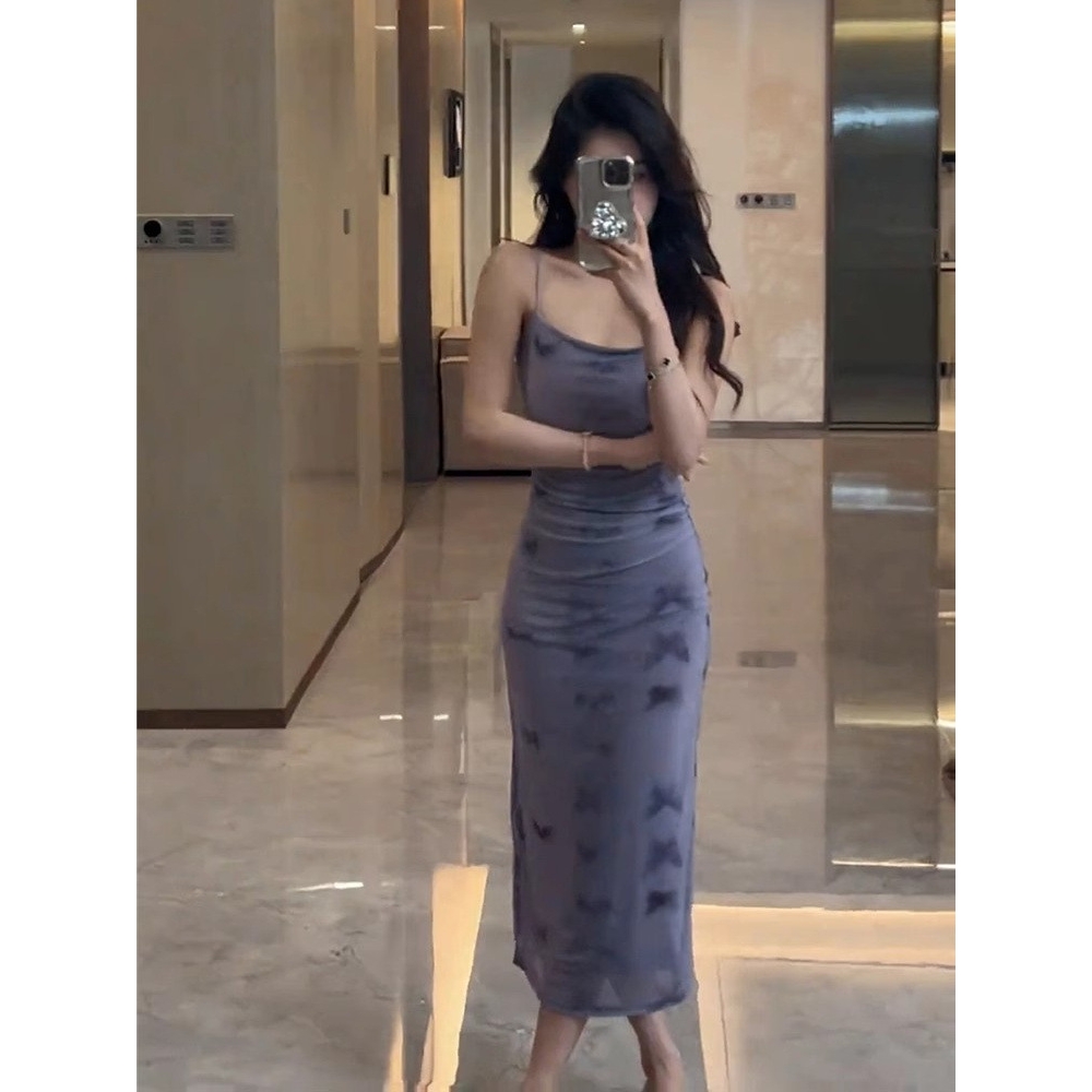 【商场同款】春夏装女新款法式纯欲风紫色蝴蝶印花吊带连衣裙子修