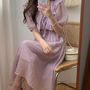 V领收腰 外贸清仓 紫色连衣裙女夏新款 高级感荷叶边仙女裙法式
