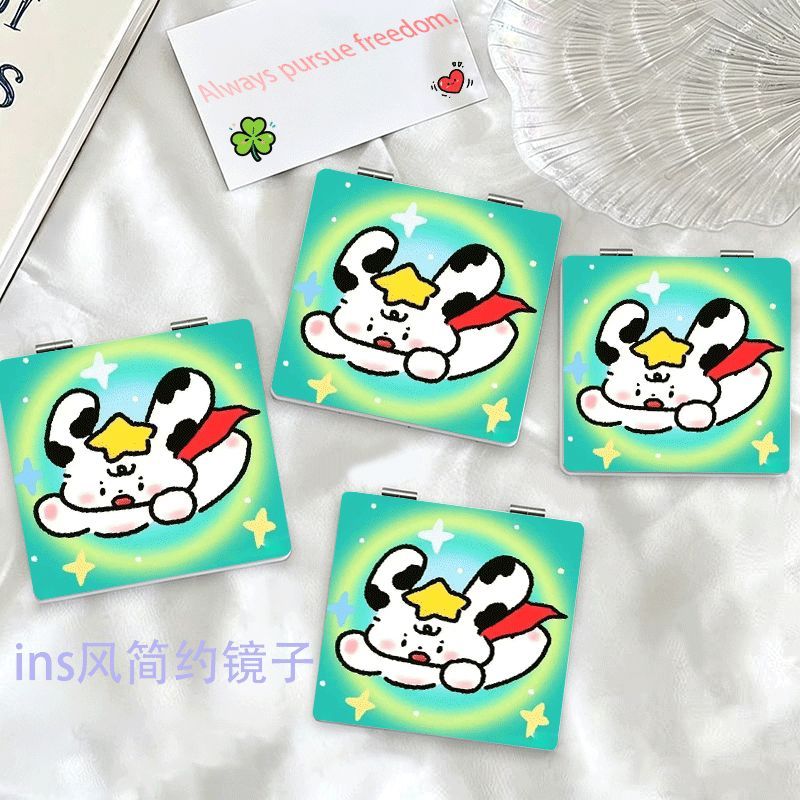 超人斑点狗随身镜迷你可爱折叠双面镜子少女心便捷卡通化妆饭卡套
