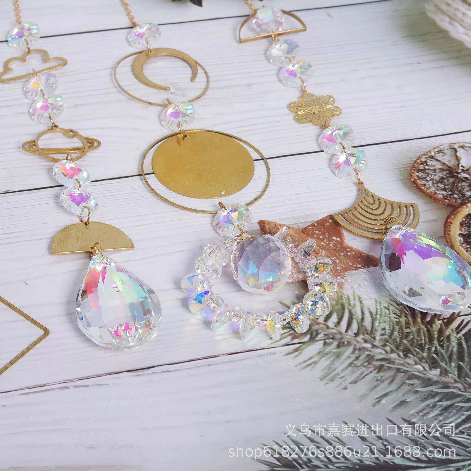 新品太阳捕手亚马逊跨境货源园艺品AB彩金色花朵爱心圆圈水晶挂件