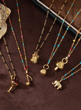 欧美新款大象蘑菇珠链不锈钢音符小吊坠炉内真空电镀18k金保色