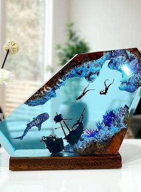 欧美爆款鲸鲨潜水员树脂灯沉船海洋主题 环氧树脂工艺礼品