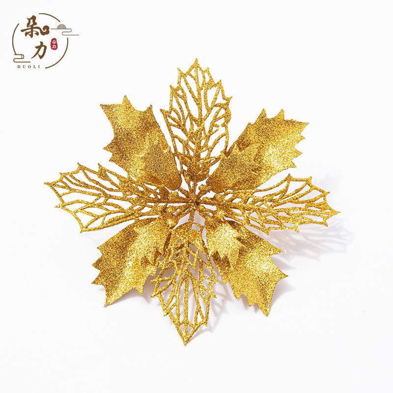 圣诞节装饰 16cm闪粉镂空圣诞花仿真金葱粉 圣诞花挂饰拍摄道具