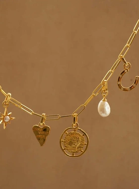 欧美不锈钢新款硬币心形不规则镶锆玛瑙天然石吊坠项链炉内真空电